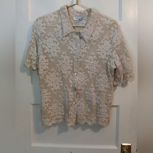 Jaipur Cream Vintage 90s Lace Button Down Short Sleeve - m